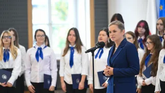 Minister edukacji Barbara Nowacka podczas obchodów Dnia Nauczyciela w KPRM w Warszawie Fot. PAP/Radek Pietruszka