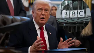 Donald Trump; Logo BBC. Fot. PAP/EPA/GRAIG HUDSON / POOL/ANDY RAIN