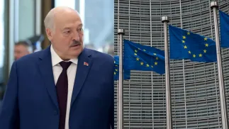 Alaksandr Łukaszenka i flaga UE. Fot. PAP/EPA/IGOR KOVALENKO/PAP/Wiktor Dąbkowski