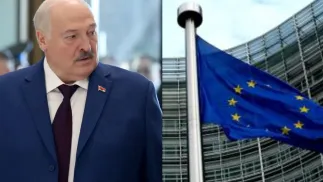 Alaksandr Łukaszenka i flaga UE. Fot. PAP/EPA/IGOR KOVALENKO/Darek Delmanowicz