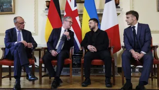 (слева-направо) Фридрих Мерц, Кир Стармер, Владимир Зеленский, Эммануэль Макрон. Fot. PAP/EPA/TOLGA AKMEN / POOL