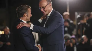 Французький президент Емманюель Макрон і федеральний канцлер Німеччини Фрідріх Мерц. Fot. PAP/EPA/ANNIBAL HANSCHKE