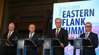 Прем'єр-міністр Болгарії Росен Железяков, прем'єр-міністр Республіки Польща Дональд Туск, прем'єр-міністр Фінляндії Петтері Орпо та президент Литви Ґітанас Науседа на пресконференції в рамках Саміту Східного флангу в Гельсінкі. Fot. PAP/Marcin Obara