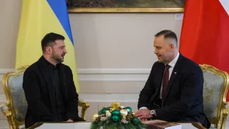 Prezydent Karol Nawrocki (P) oraz prezydent Ukrainy Wołodymyr Zełenski (L). Fot. PAP/Paweł Supernak