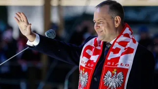Prezydent RP Karol Nawrocki przemawia do uczestników XVIII Patriotycznej Pielgrzymki Kibiców na Jasną Górę w Częstochowie. Fot. PAP/Waldemar Deska