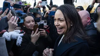 Maria Corina Machado po spotkaniu z Donaldem Trumpem Fot. PAP/EPA/JIM LO SCALZO