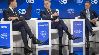 Prezydent Karol Nawrocki, szef NATO Mark Rutte i Prezydent Finlandii Alexander Stubb. Fot. PAP/EPA/GIAN EHRENZELLER