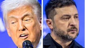 Дональд Трамп і Володимир Зеленський. Фотоколаж. Fot. PAP/EPA/GIAN EHRENZELLER