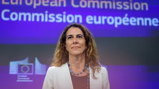 Пресс-секретарь Европейской комиссии Паула Пиньо. Fot. PAP/EPA/Olivier Matthys