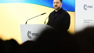 Владимир Зеленский на Мюнхенской конференции по безопасности. Fot. PAP/EPA/RONALD WITTEK