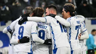 Piłkarze Lecha Poznań celebrujący zdobycie bramki, fot. PAP/EPA/KIMMO BRANDT