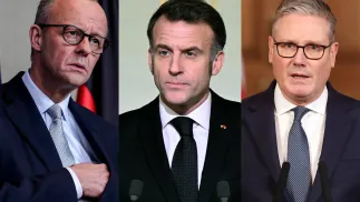 Friedrich Merz, Emmanuel Macron i Keir Starmer Fot. PAP/EPA/FILIP SINGER/BERTRAND GUAY/ANDY RAIN/POOL