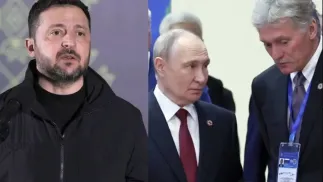 Президент Украины Владимир Зеленский, президент России Владимир Путин и пресс-секретарь Кремля Дмитрий Песков. Fot. EPA/ANDREW KRAVCHENKO/ ALEXANDER KAZAKOV / SPUTNIK / KREMLIN POOL