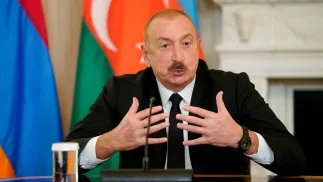 Prezydent Azerbejdżanu Ilham Alijew, fot. PAP/EPA/BLOOMBERG POOL/NATHAN HOWARD / POOL