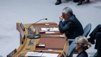 Stały przedstawiciel Iranu Amir Saeid Iravani podczas posiedzenia Rady Bezpieczeństwa ONZ Fot. PAP/EPA/OLGA FEDOROVA