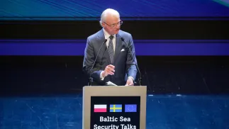 Król Szwecji Karol XVI Gustaw na oficjalnym otwarciu rozmów o bezpieczeństwie Morza Bałtyckiego na konferencji w Gdańsku. Fot. PAP/Tomasz Waszczuk