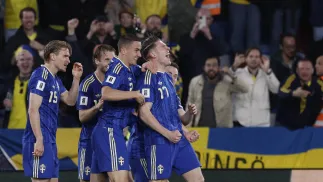 Viktor Gyokeres (z prawej) celebrujący zdobycie bramki, fot. PAP/EPA/EFE/Kai Forsterling