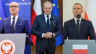 Włodzimierz Czarzasty (L), Donald Tusk (C), Karol Nawrocki (P). Fot. PAP/Tomasz Gzel/Piotr Nowak/Marcin Obara
