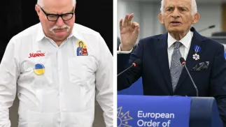 Lech Wałęsa, Jerzy Buzek. Fot. PAP/Wiktor Dąbkowski/EPA/EPA/SEBASTIEN BOZON