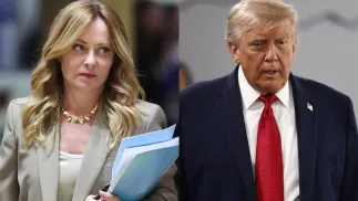 Premier Włoch Giorgia Meloni i prezydent USA Donald Trump. Fot. PAP/EPA/OLIVIER HOSLET/YOAN VALAT