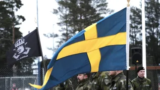 Шведські військовослужбовці механізованого піхотного батальйону беруть участь у церемонії офіційного приєднання Швеції до багатонаціональної бригади НАТО в Латвії, 07.02.2025. Fot. PAP/EPA/VALDA KALNINA