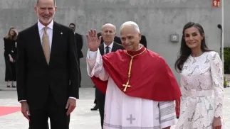 Madryt. Papież Leon XIV, król Hiszpanii Filip VI i królowa Hiszpanii Letycja, fot. PAP/EPA/ANSA/CIRO FUSCO