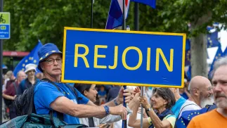 Плакат с надписью Rejoin (англ. "Присоединиться снова (к ЕС)") в Великобритании. Fot. PAP/EPA/Tayfun Salci