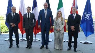 Дональд Туск, Еммануель Макрон, Фрідріх Мерц, Джорджа Мелоні та Кір Стармер. Fot. PAP/EPA/Sean Gallup / POOL