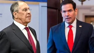 Szef MSZ Rosji Siergiej Ławrow i sekretarz stanu USA Marco Rubio. Fot. PAP/EPA/JIM LO SCALZO/SERGEY BOBYLEV / SPUTNIK / KREMLIN POOL