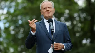 Premier Donald Tusk podczas konferencji prasowej w Kancelarii Prezesa Rady Ministrów w Warszawie. Fot. PAP/Leszek Szymański