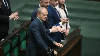 Премьер-министр Дональд Туск, вице-премьер-министр, министр национальной обороны Владислав Косиняк-Камыш, вице-премьер-министр, министр цифровизации Кшиштоф Гавковский и министр образования Барбара Новацкая в пленарном зале Сейма. Fot. PAP/Marcin Obara