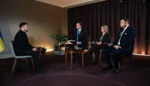 Wołodymyr Zełenski w piątkowym wywiadzie dla PAP, TVP i Polskiego Radia. Fot. PAP/	Leszek Szymański