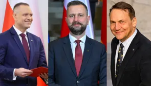 Karol Nawrocki (L), Władysław Kosiniak-Kamysz (C) i Radosław Sikorski (P). Fot. PAP/Albert Zawada/Radek Pietruszka/Wiktor Dąbkowski