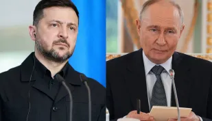 Wołodymyr Zełenski i Władimir Putin Fot. PAP/EPA/CLEMENS BILAN//DMITRI LOVETSKY/AP POOL