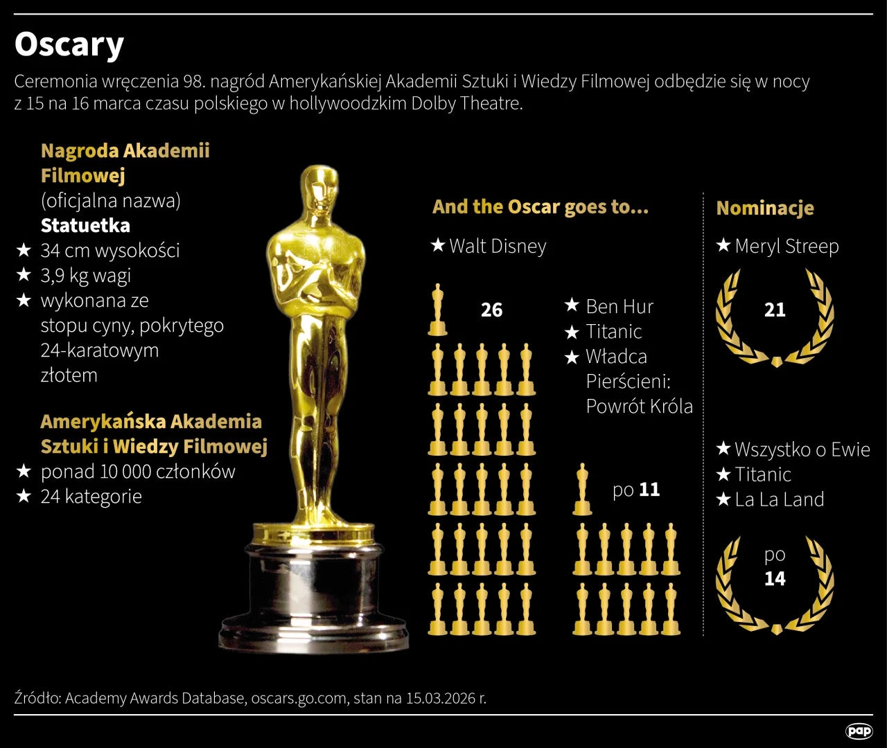 Oscary. Autor: PAP/Infografika/Maciej Zieliński