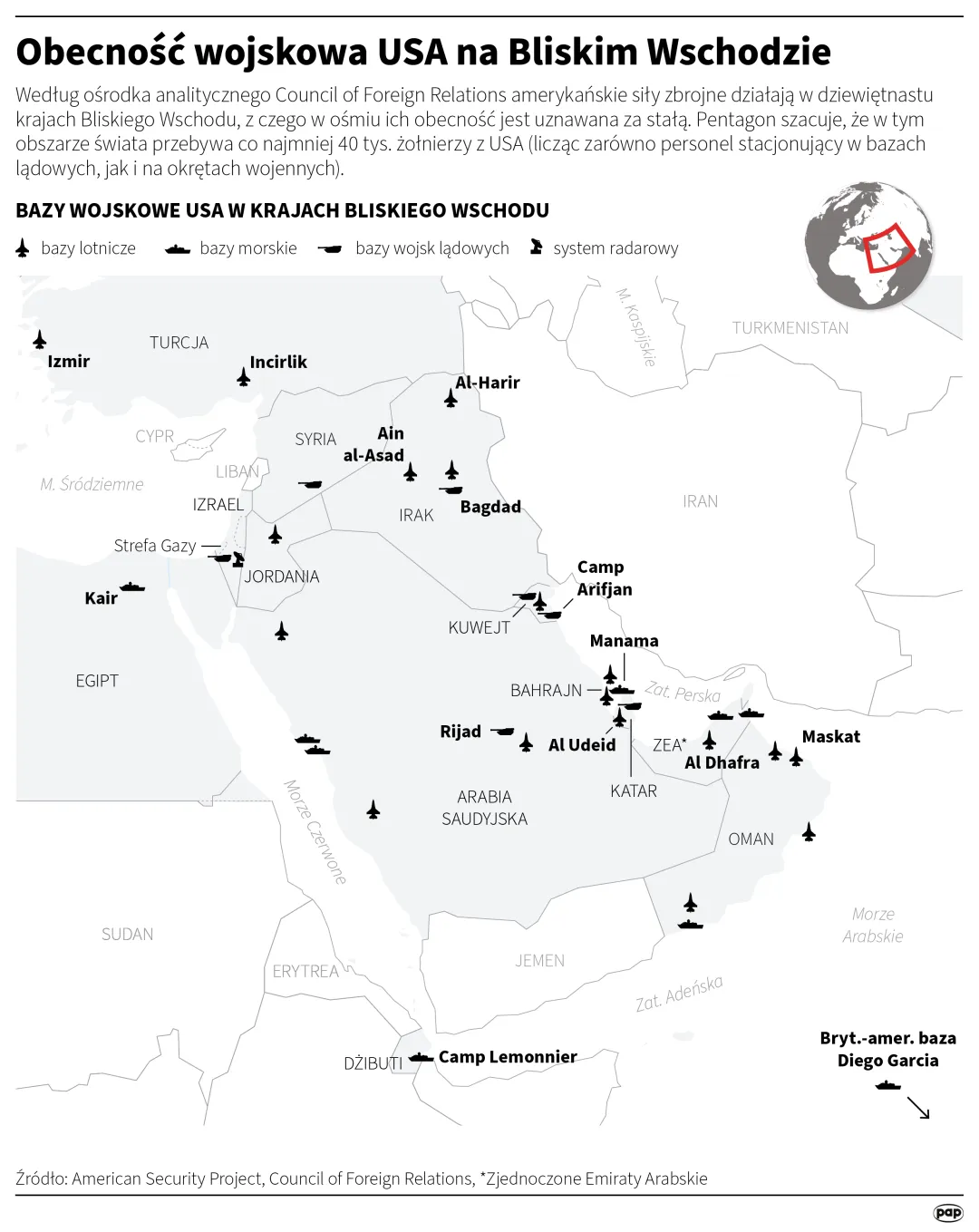 Obecność wojskowa USA na Bliskim Wschodzie. Autor: PAP/Infografika/Michał Czernek