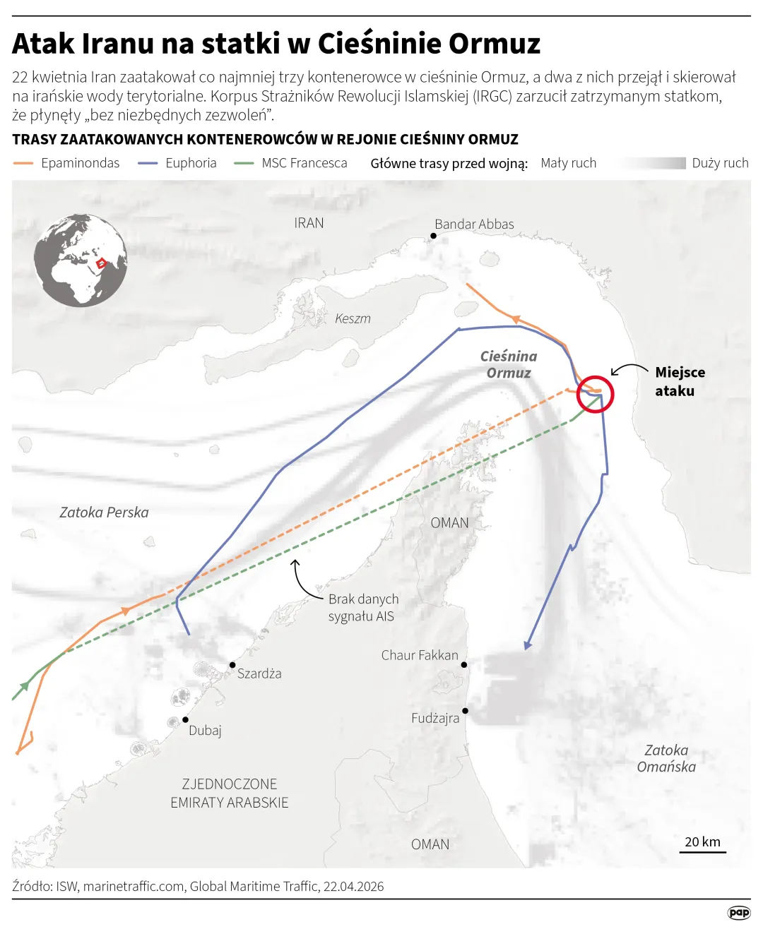 Atak Iranu na statki w Cieśninie Ormuz, autor: PAP/Michał Czernek