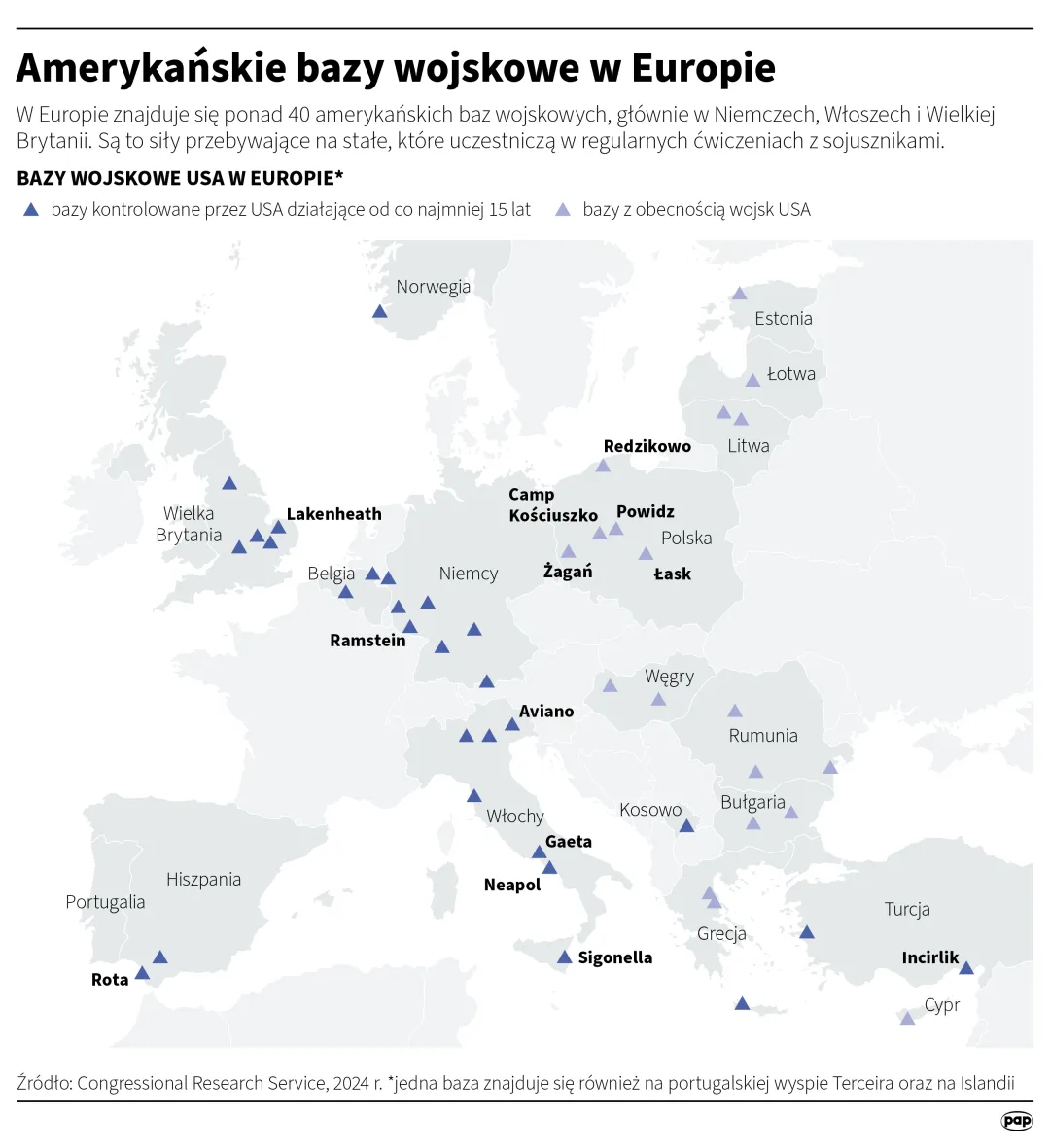 Amerykańskie bazy wojskowe w Europie. Autor: PAP/Infografika/Michał Czernek