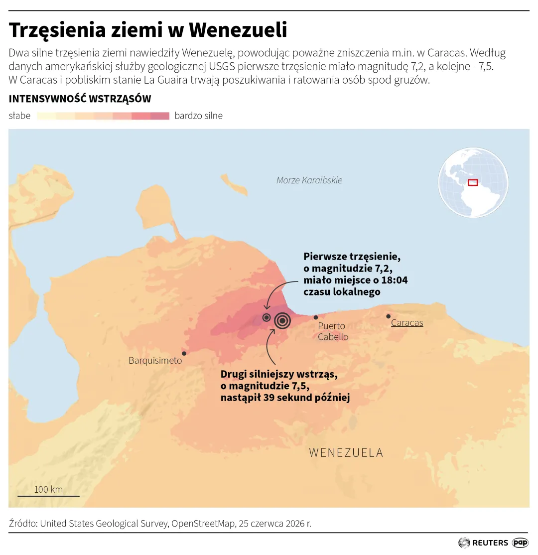 Trzęsienia ziemi w Wenezueli. Autor: PAP/Infografika/Michał Czernek