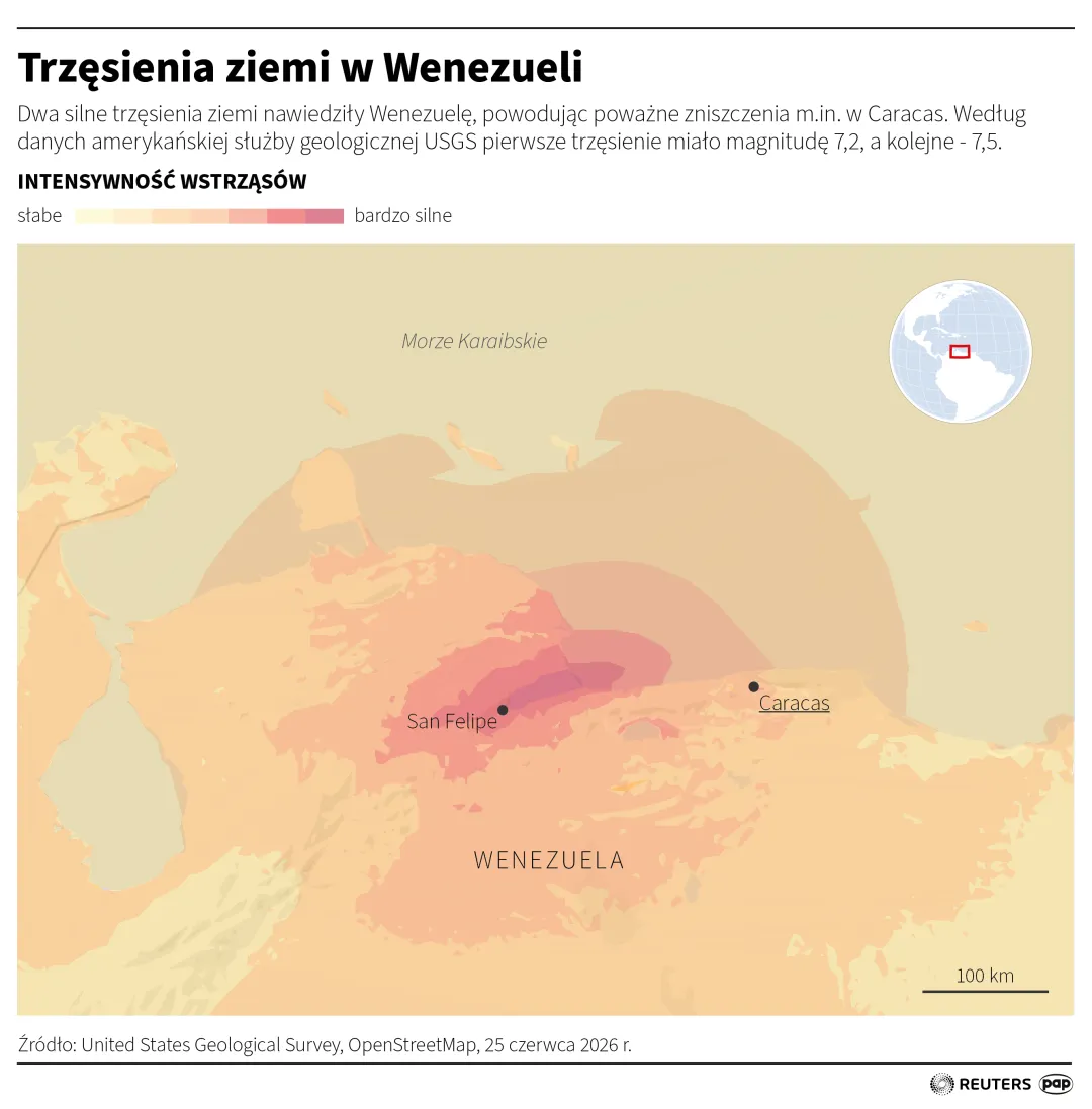 Podwójne trzęsienie ziemi w Wenezueli. Autor: PAP/Infografika/Michał Czernek