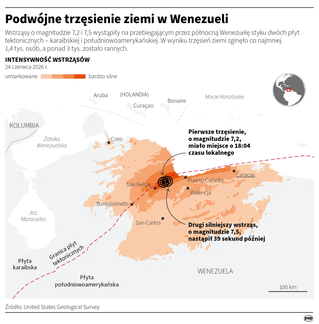 Podwójne trzęsienie ziemi w Wenezueli. Autor: PAP/Infografika/Michał Czernek