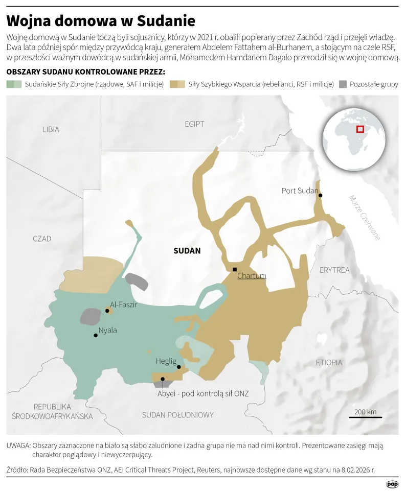Wojna domowa w Sudanie. Autor: PAP/Infografika/Maciej Zieliński