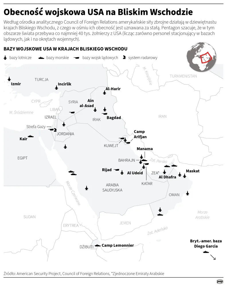 Obecność wojskowa USA na Bliskim Wschodzie. Autor: PAP/Infografika/Michał Czernek