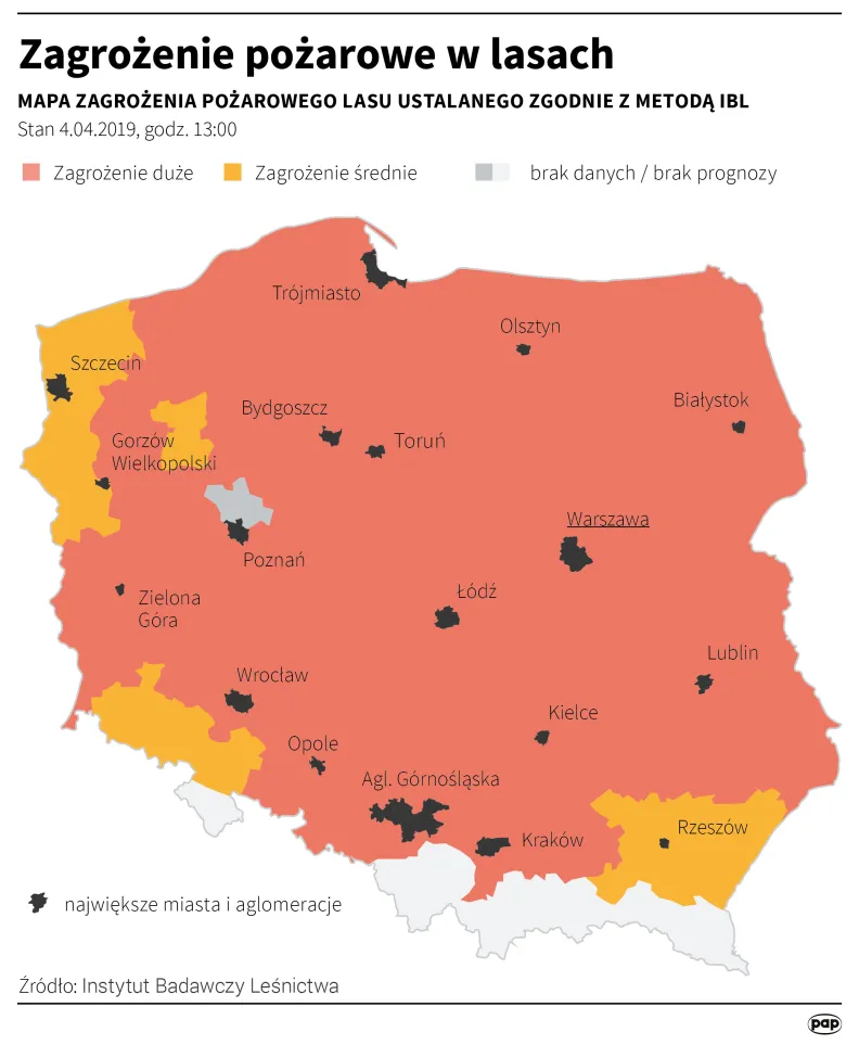 Zagrożenie pożarowe w lasach. Autor: PAP/Infografika/Adam Ziemienowicz