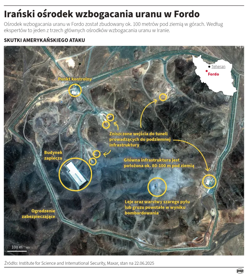 Irański ośrodek wzbogacania uranu w Fordo. Autor: PAP/Infografika/Michał Czernek