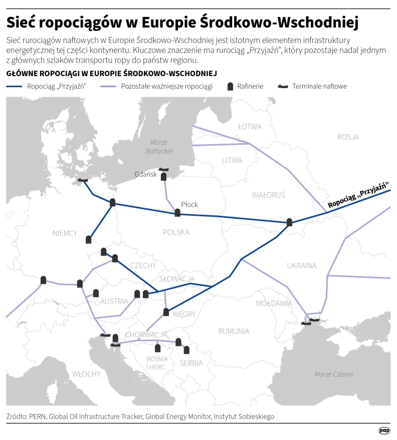 Sieć ropociągów w Europie Środkowo-Wschodniej, autor: PAP/Michał Czernek