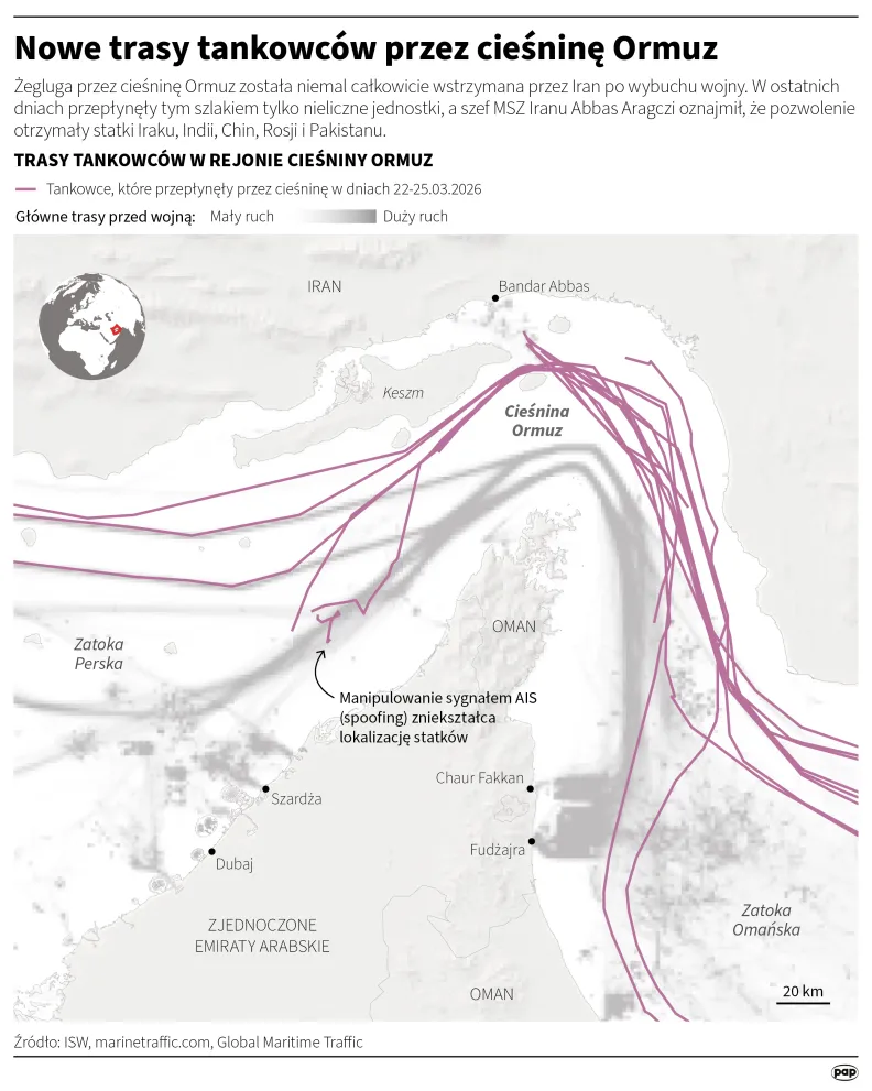 Nowe trasy tankowców przez cieśninę Ormuz, autor: PAP/Michał Czernek