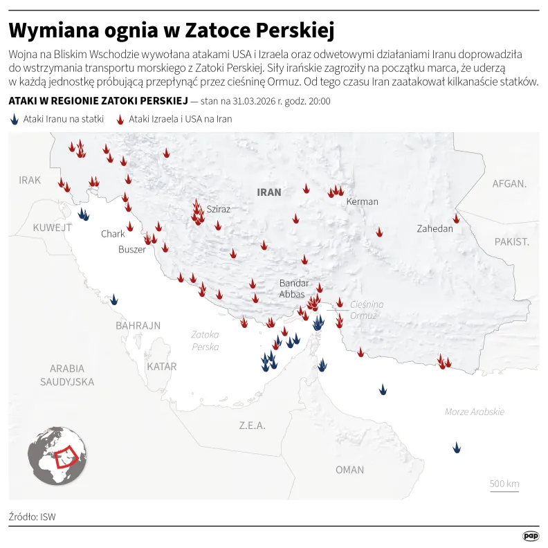 Wymiana ognia w Zatoce Perskiej. Autor: PAP/Infografika/Michał Czernek