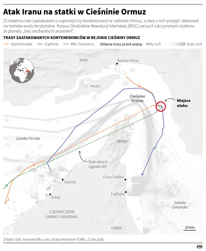Atak Iranu na statki w Cieśninie Ormuz, autor: PAP/Michał Czernek