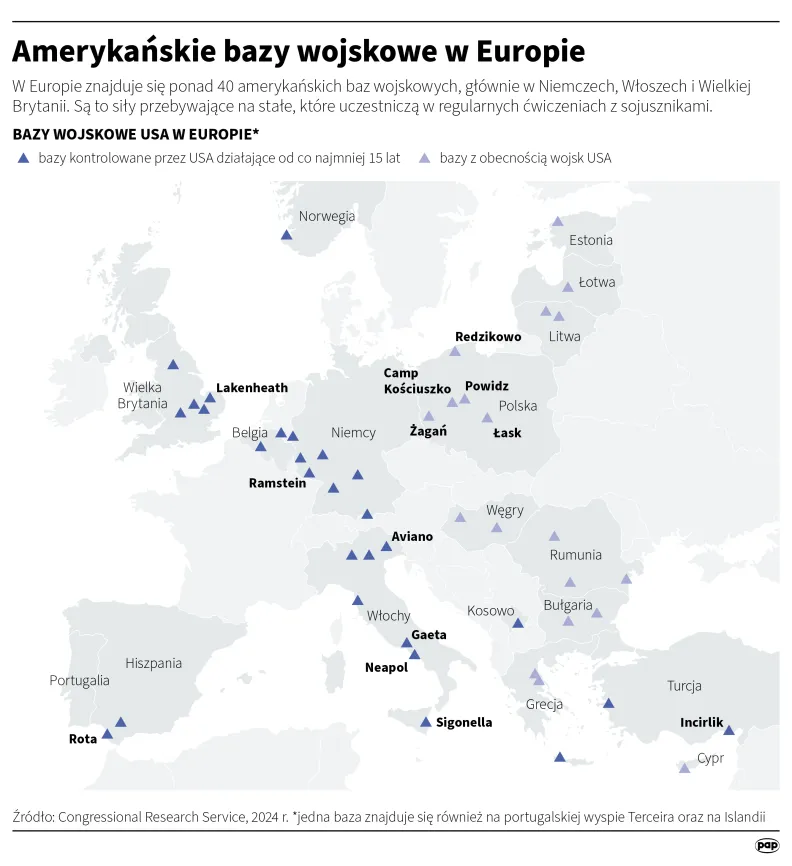 Amerykańskie bazy wojskowe w Europie. Autor: PAP/Infografika/Michał Czernek